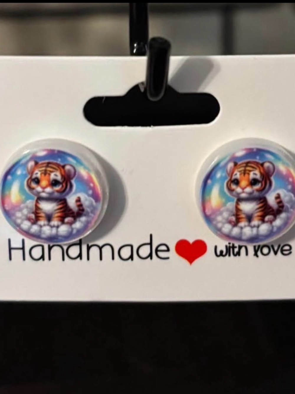 Handmade Cute Tiger Kids Button Earrings - Colorful